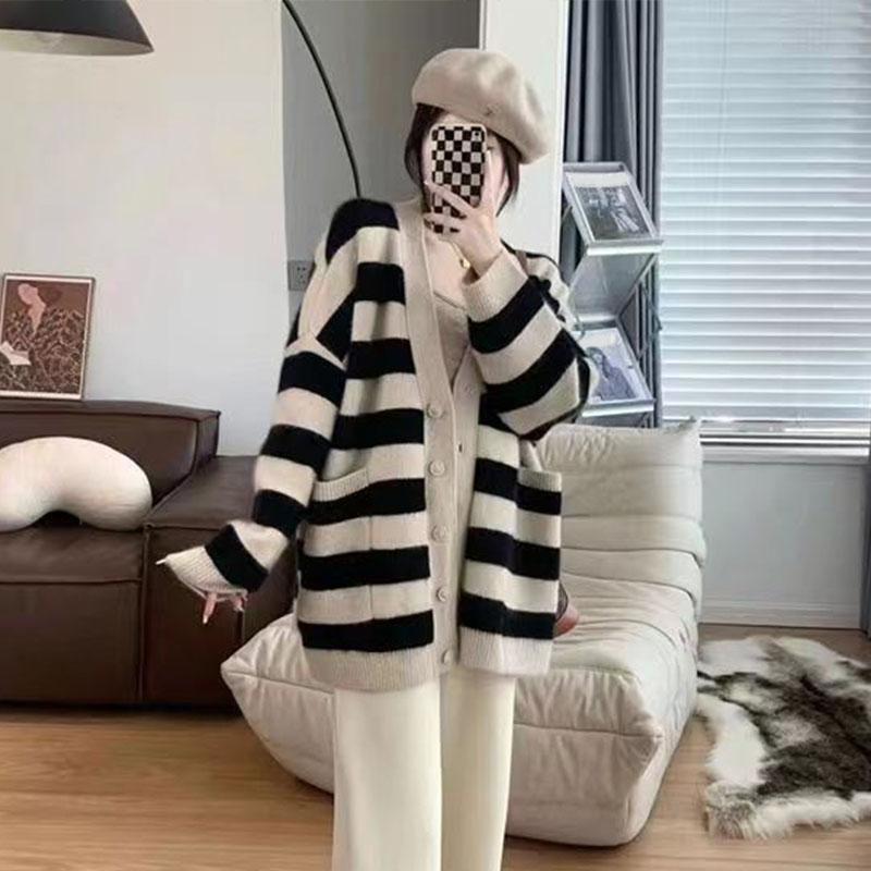 W paski miękki kleisty sweter sweter z dzianiny sweter jesień 2023 Slouchy wersja koreańska luźny sweter z długim rękawem płaszcz damski