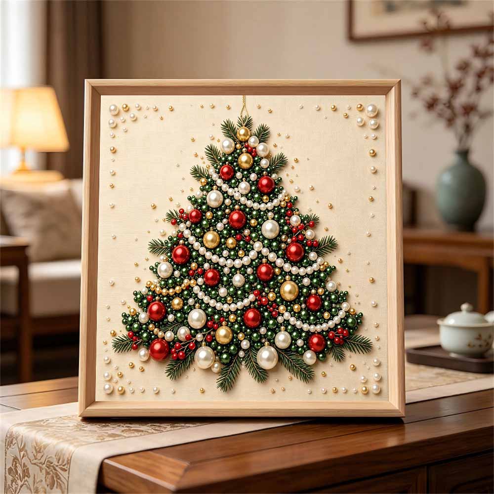 Premium Framed Pearl Art Kit with Christmas Tree Pattern 5D Sparkling Bead Canvas DIY Relaxing Craft for Festive Home Wall Decor Gift