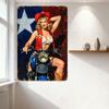 Vintage Pin-Up Cowgirl Metallblechschild Blonde Lockige Haare Roter Hut Blume Weißes Bustier Blaues Motorrad Texasflagge Bar Man Cave Hom