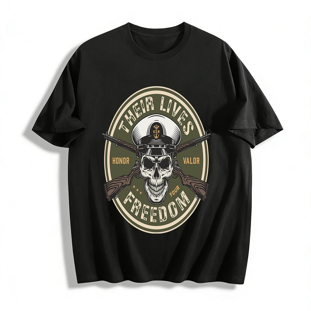 USN Skull Military Print Tee Honor Valor Freedom Memorial Top Pure cotton T-shirt