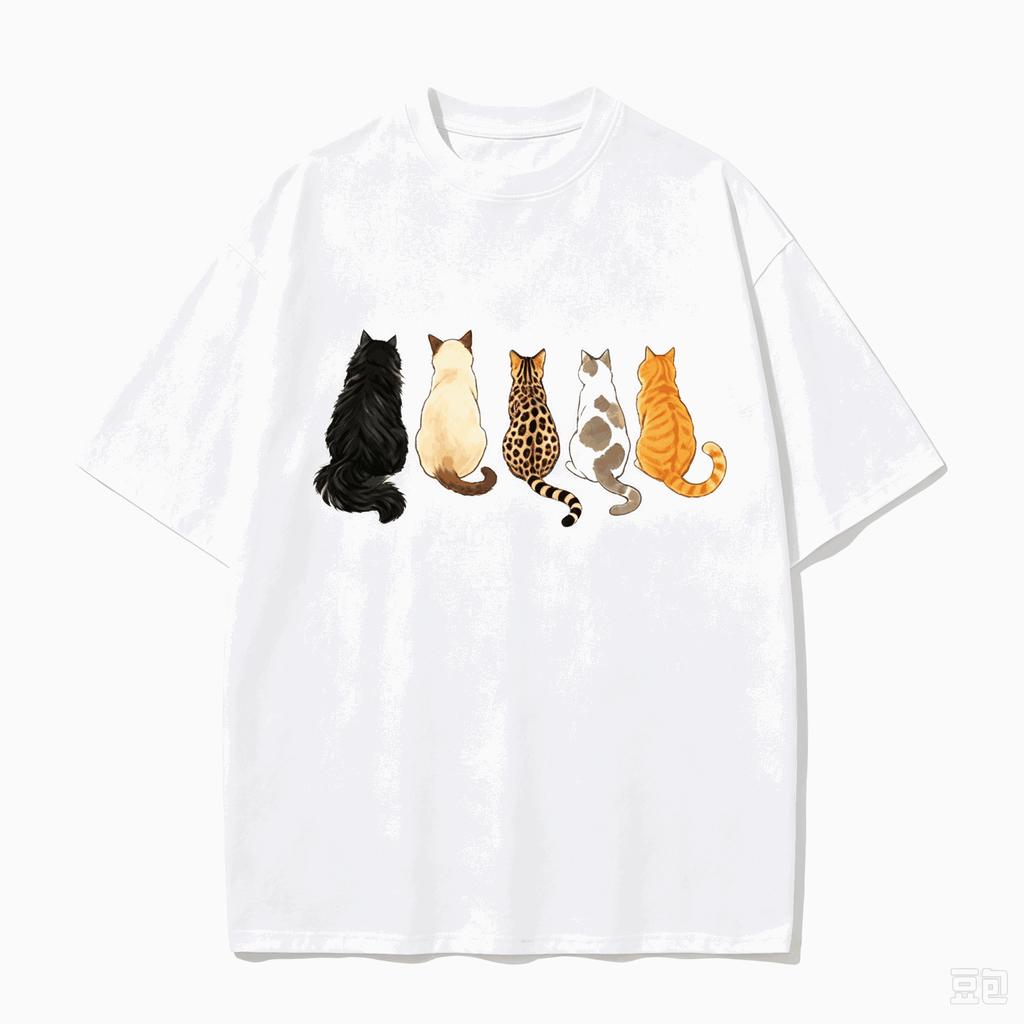 Vintage Cats Back View Graphic T‑Shirt Cute Cat Crew Neck Short Sleeve Oversized Unisex Streetwear Tee for Pet Cat Lovers Summer Casual Daily Wear