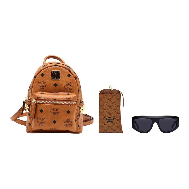 MCM Stark Classic Double-Sided Studded Coated Canvas And Leather Trim Backpack Mini Unisex Backpack Brown Cognac MMKAAVE13CO001