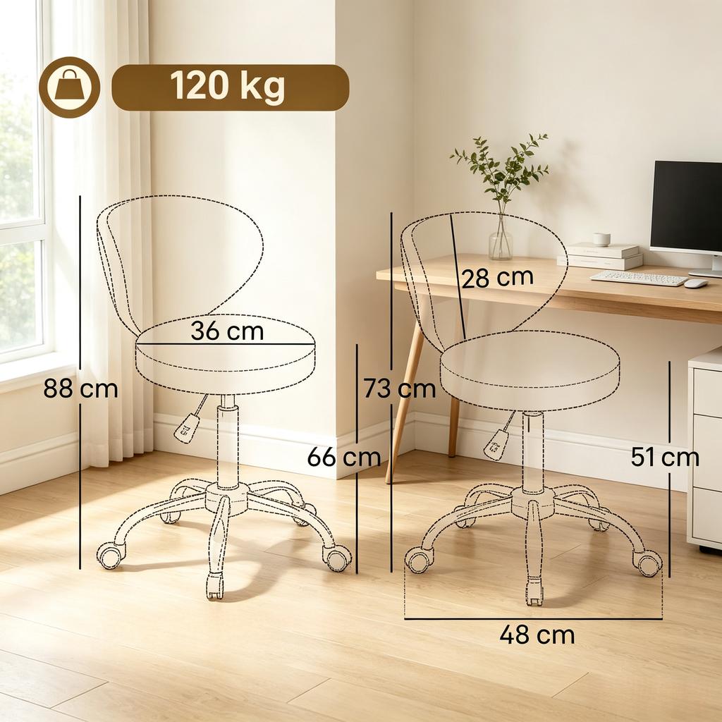 Rolling Stool, 360 degrees Rotating PU Massage Stool with Adjustable Height 73-88 cm and Backrest