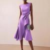 Dames Ronde Hals Mouwloze Midi Jurk Slim Fit Middelhoge Taille Elegante Ruche Split Cocktailjurk