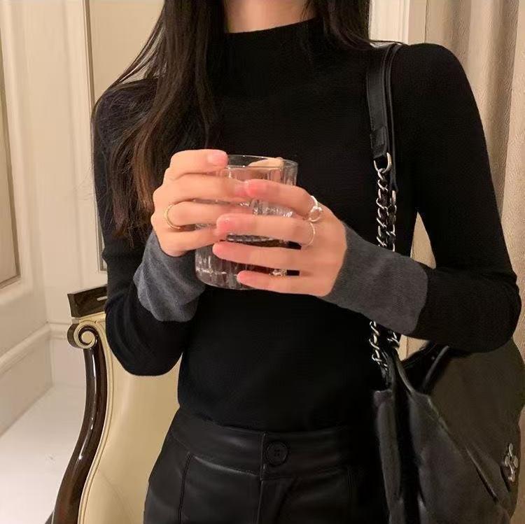 [Core-spun yarn] Contrasting color semi-turtleneck knitted sweater Lazy wind sweater women's autumn and winter versatile
