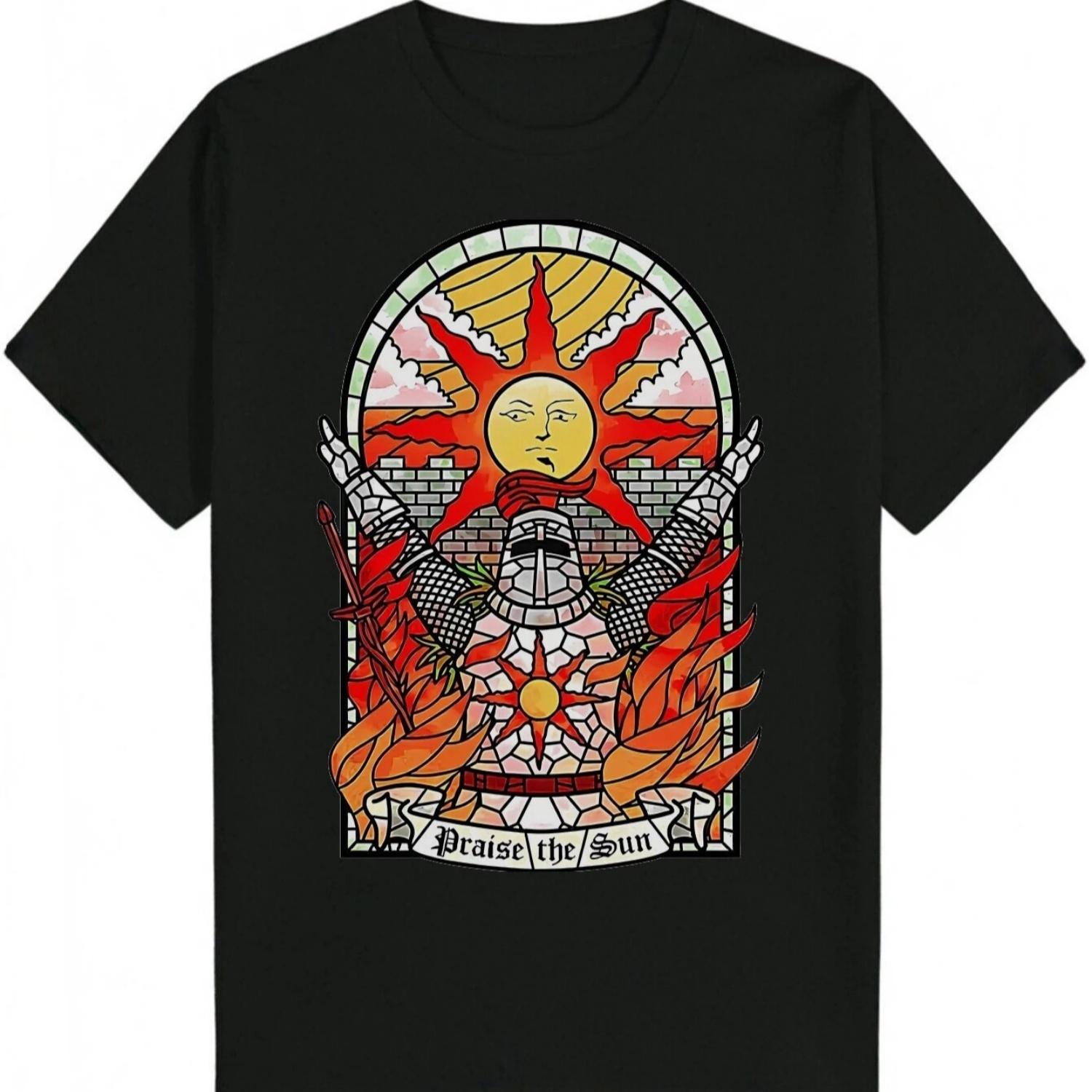 

Sun & Flames Design - _Praise the Sun_ Text T-Shirt 100% Cotton O-Neck Short Sleeve Summer Casual Mens T-shirt Streetwear S чёрный