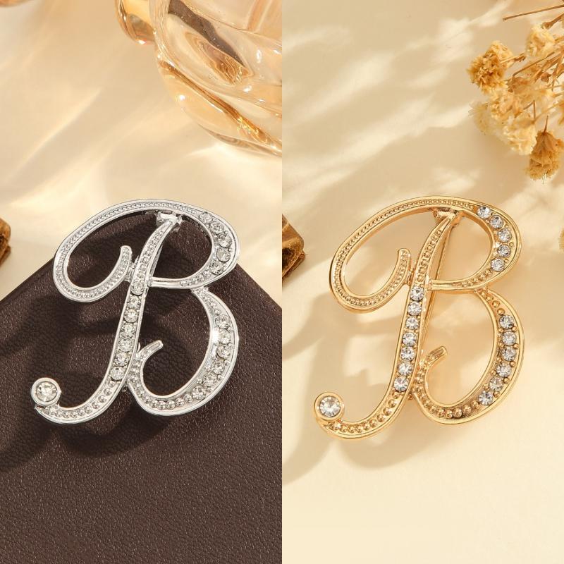 2Pcs  Full  Encrusted Gold And Silver Alphabet Letter Brooches Pins Minimalist Clothing Jewelry Accessory