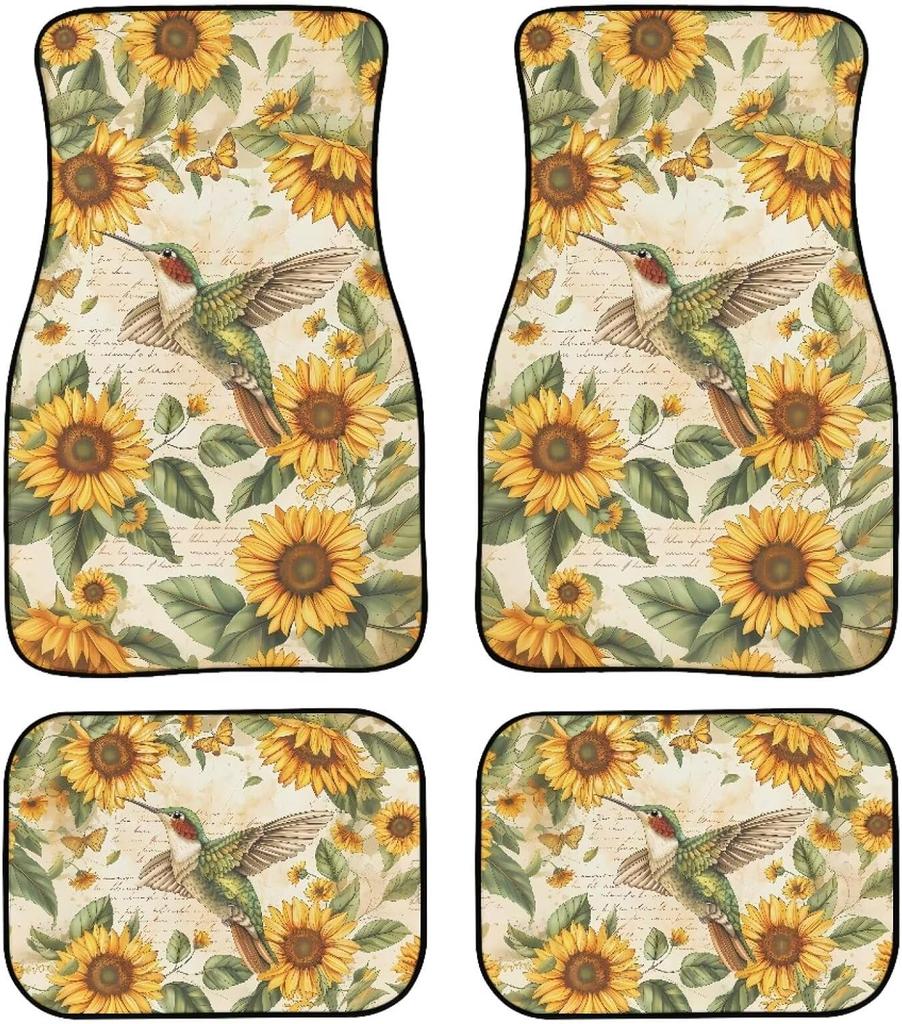 Universal Fit Auto Carpet Floor Mats Set of 4 for Women Girls Decorative Boho Floral Print Car Floor Mats Front & Rear Liners Set