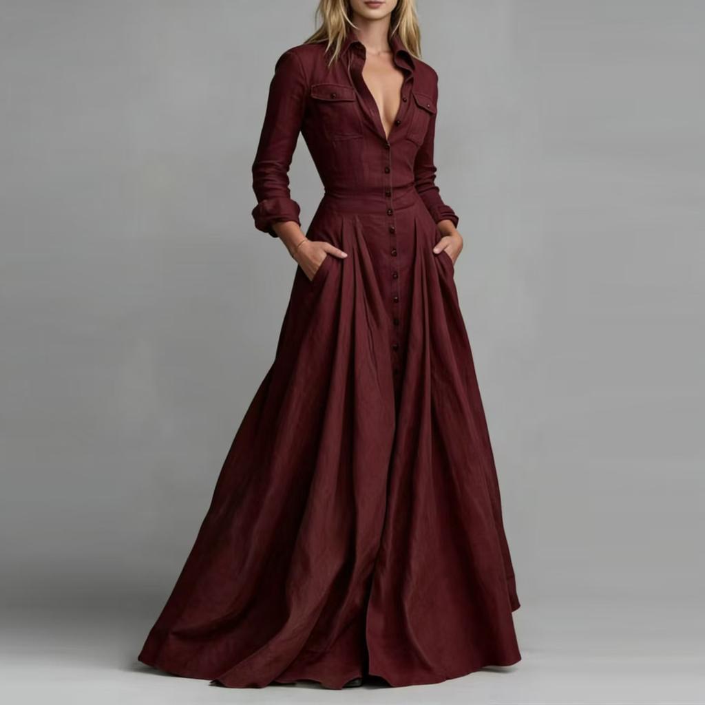 Women Long Sleeve Shirt Dress High Waist Flared Maxi Dress Button Down Front Collared Casual Dress with Pockets