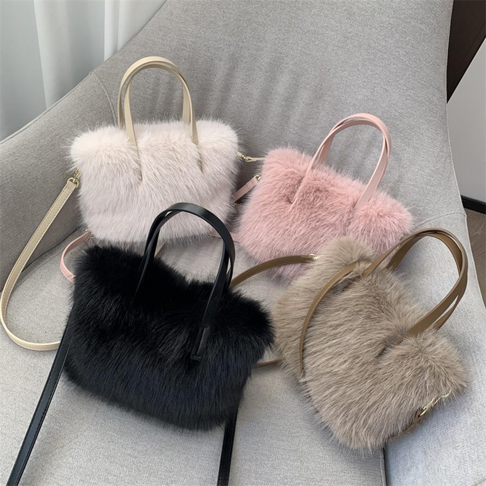 Women Faux Fur Handbag Fluffy Clutch Purse Solid Color Satchel Purse Adjustable Strap Mini Tote Bag for Travel Party