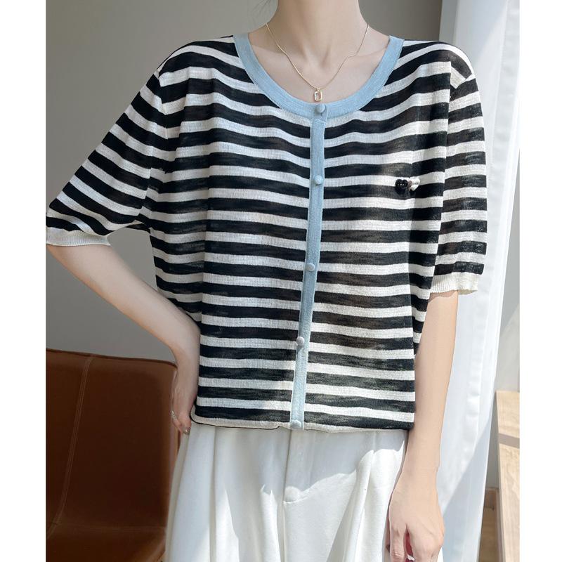 Bamboo Joint Striped Short-sleeved T-shirt for Women's Summer New European V-neck Color-blocking Fashion Temperament Pullover Shirt Thin Style