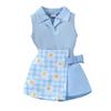 Mädchen Mode Anzug Sommer Kinder Revers Ärmelloses Top + Plaid Patchwork Hosen Rock Anzug