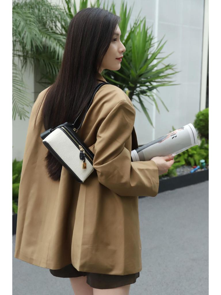 2025 Women's Genuine Leather and Canvas Handbag - Fashionable and Simple Lunch Box Bag