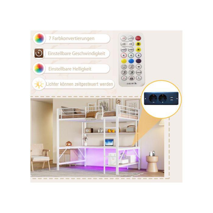 Lit Mezzanine - MUVOE - 140x200 Cm - Blanc - Prises USB Et Électrique - Éclairage 7 Couleurs