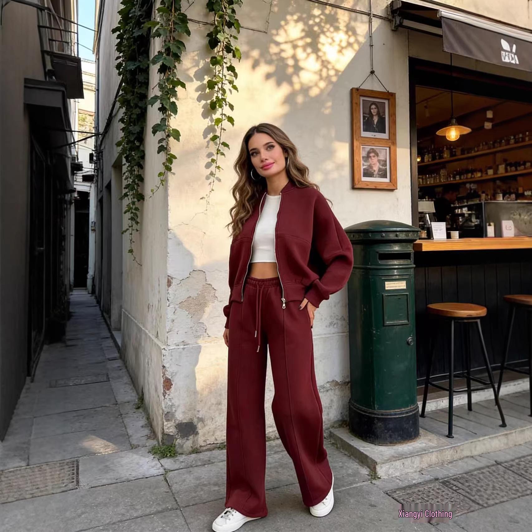 

European and American Women s Casual Solid Color Zipper Cardigan & Straight-Leg Pants Set L вино красного