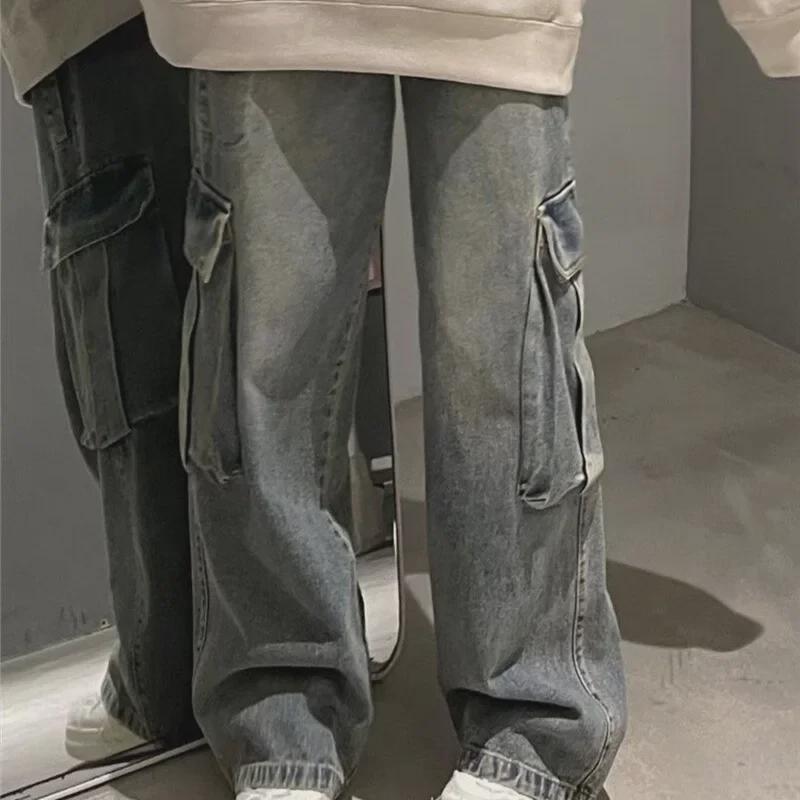 Unisex Washed Distressed Workwear Denim Multi-Pocket Jeans for Autumn/Winter 2024