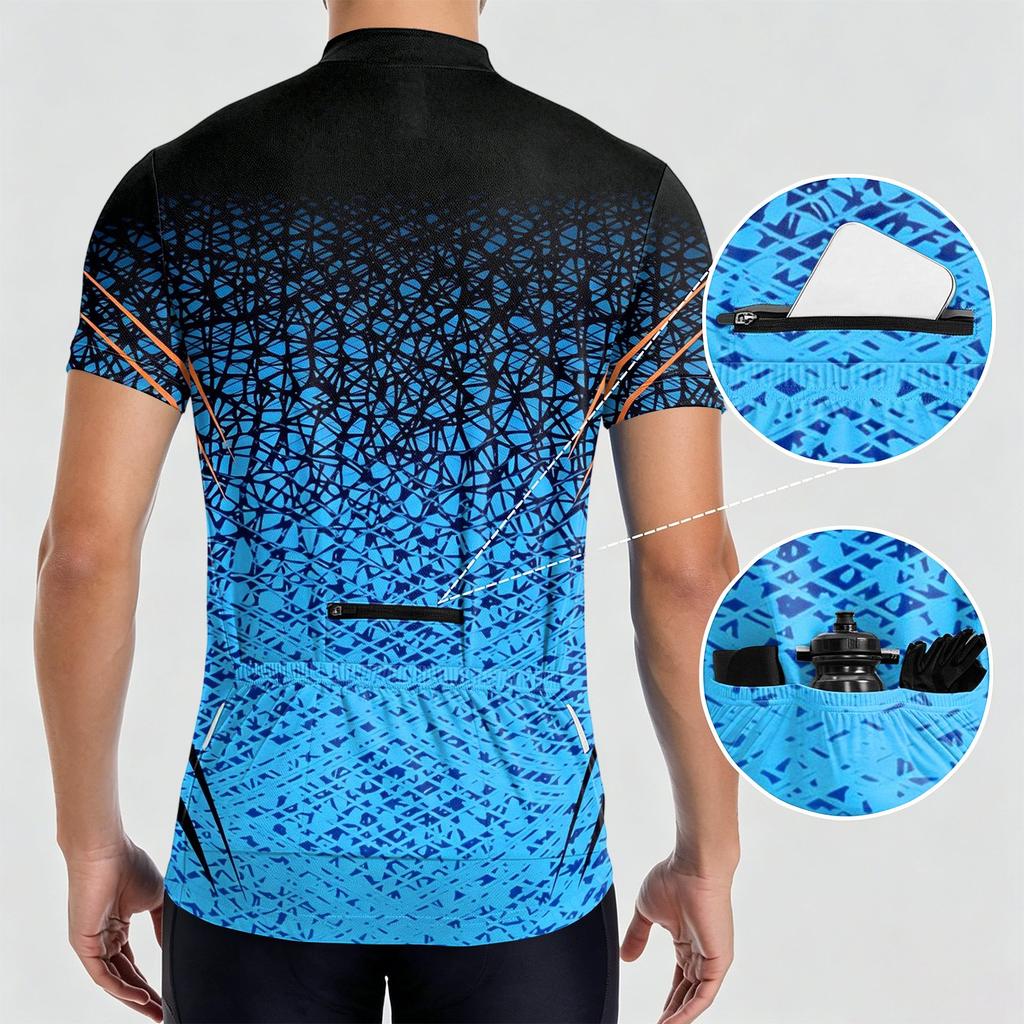 Men Crew Neck Printed Zip Short Sleeve Cycling Jersey Breathable Quick Dry Fabric Lightweight Sportswear Top