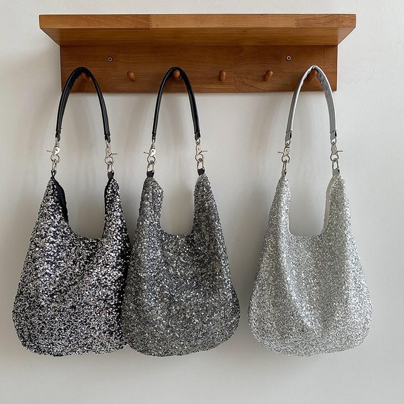Korean Fashionable Casual Shiny Large-capacity Shoulder Bag Women's 2025 Light Luxury Niche High-end Beaded Tote