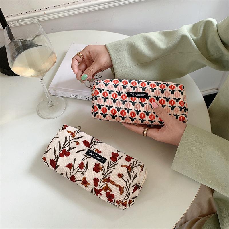 1pcs Corduroy Pencil Bag Pen Case Vintage Flower Grid Artistic Style Student Bag Unique Stationery Storage Pouch School
