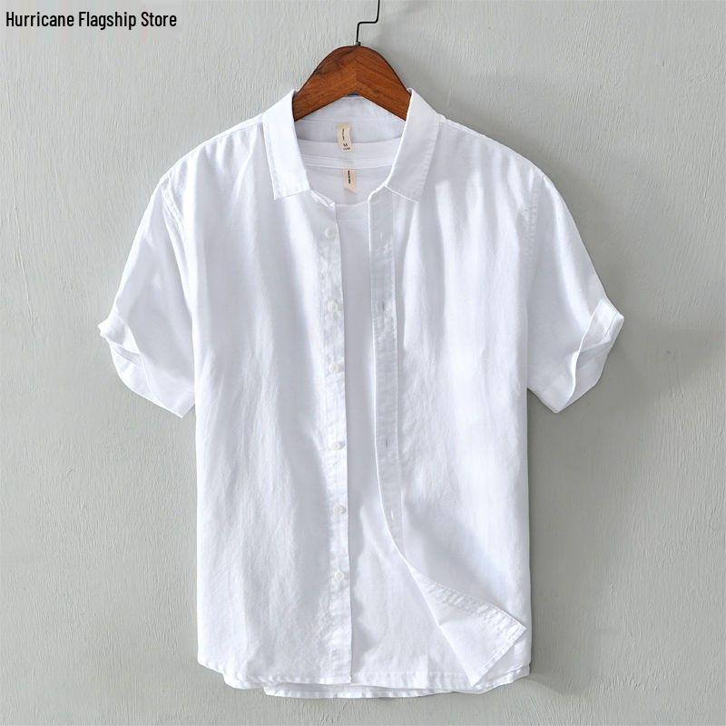 Men's Slim Fit Short Sleeve Breathable Linen Shirt - Summer Casual Lapel Top, White