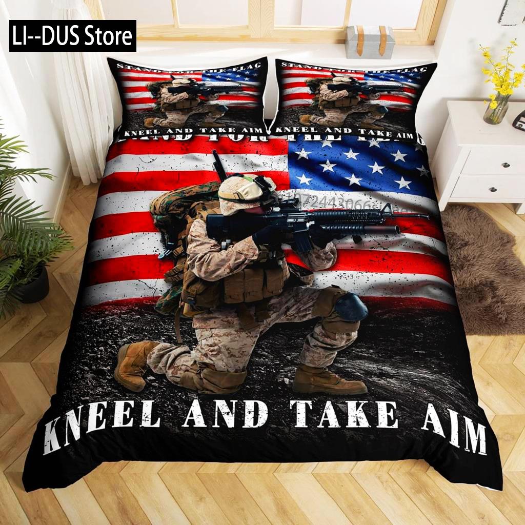 Soldier Duvet Cover Set King Size Soldier Helicopter Silhouette Bedding Set Microfiber 2/3pcs Green Black Military Quilt Cover