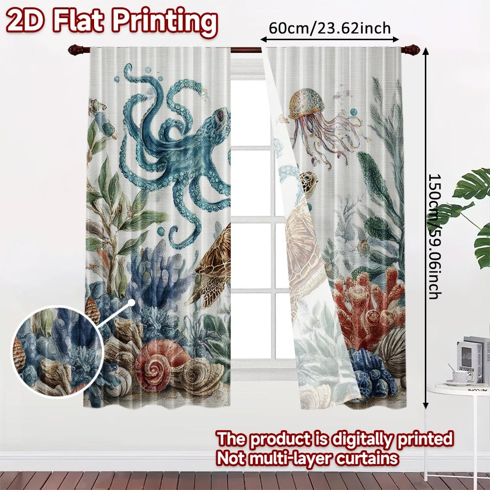 2pcs, 2D FLAT PRINTING Curtains (Without Rod) Ocean Harmony(1) Christmas Holiday Curtains with Digital Printing Yarn Curtains