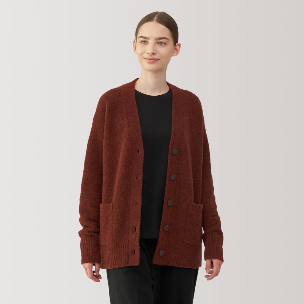 MUJI Women's Wool Blend Boucle V-Neck Cardigan, Brick, BA1PNA4A, Women's XL
