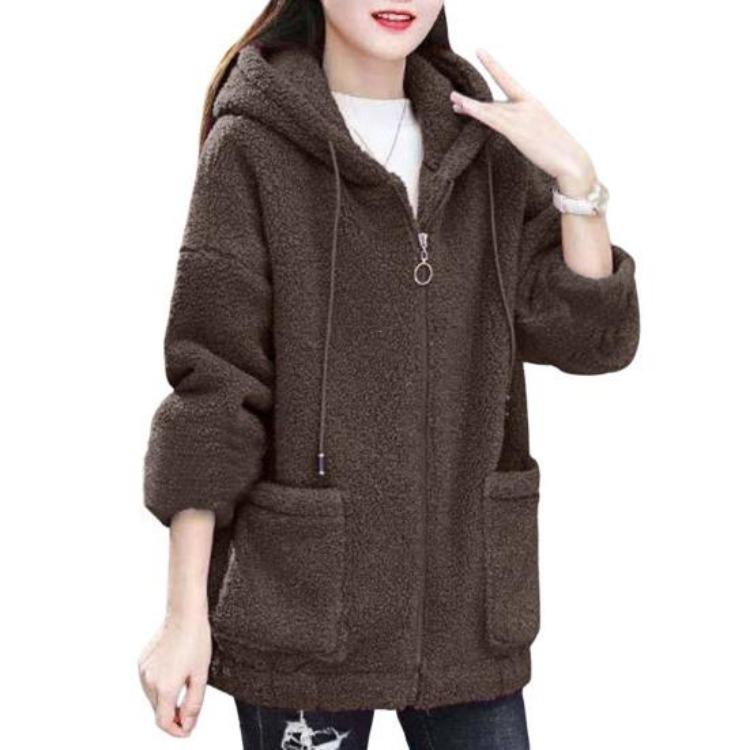 Winter Warm Plush Zipper Cardigan Jacket Women Coat Thick Solid Color Pockets Long Sleeves Loose Outdoor