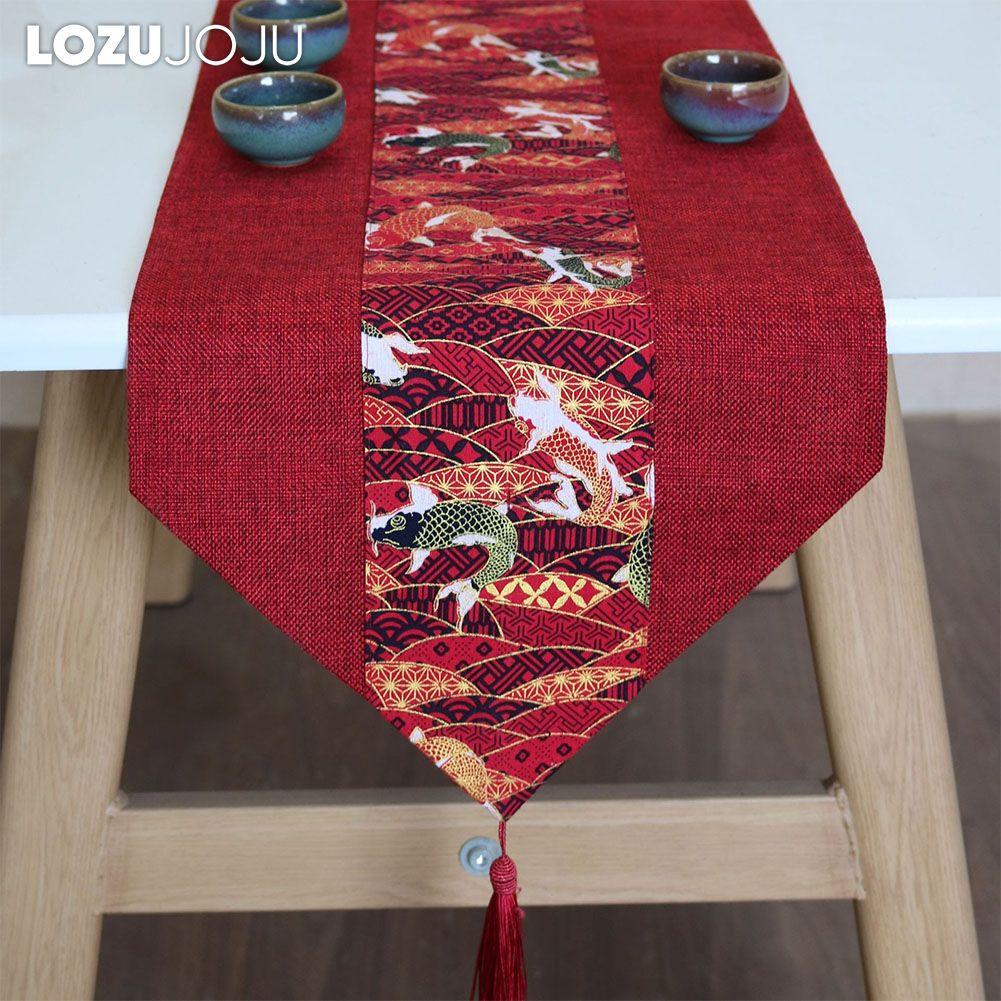 1PC LOZUJOJU Red Chinese Style Festive Retro Cotton and Linen Printed Table Runner for Dining Table Coffee Table Home Decor