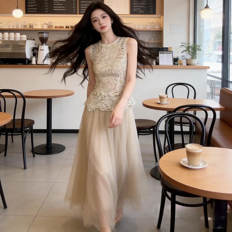 2026 Women's Fashion Set: Mesh Hollow Top & Long Skirt