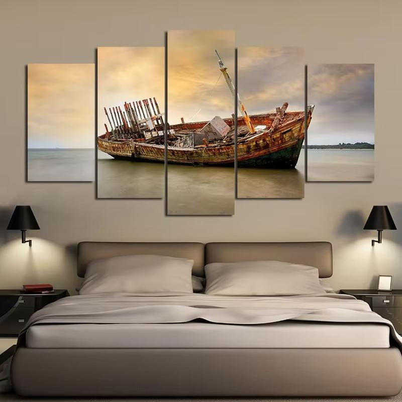 5 Panels Bootschiff Bilder Leinwandmalerei Meereslandschaft Poster und Drucke Wandkunst für Wohnzimmer Heimdekoration Ohne Rahmen