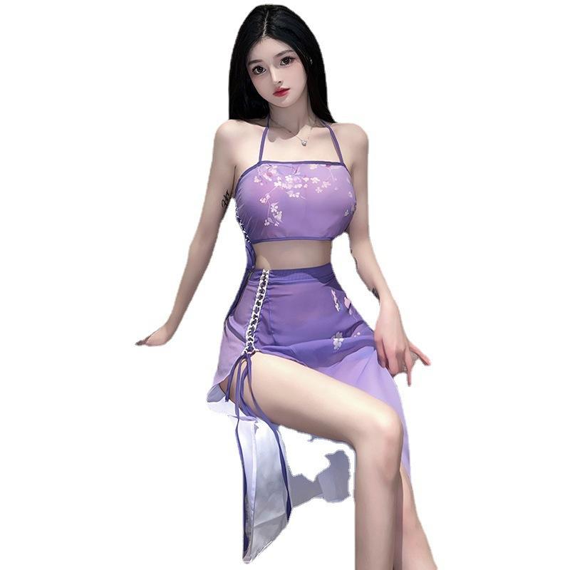 Sex underwear classical style perspective chest wrap split suit role-playing retro neck shorts high waist slit skirt