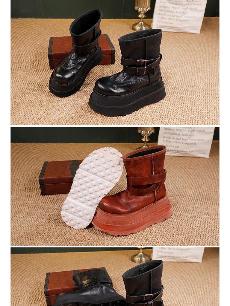 Women's 2025 Height-Increasing Martin Boots - Washed Cowhide Platform Ankle Boots with Buckle and Thick Sole