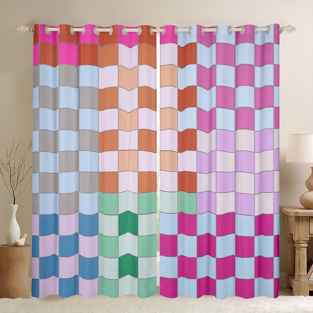 Checkered Curtain Colorful Checkerboard Grid Curtains Drapes Funky Gingham Buffalo Plaid Window Bedroom With Room Darkening Polyester Perfect For