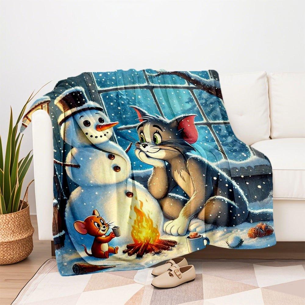Tom & Jerry Winter Snowman Wall Art Print PosterBlanket Flannel Throw Blanket for Sofa, Bed, Travel, Camping, Office
