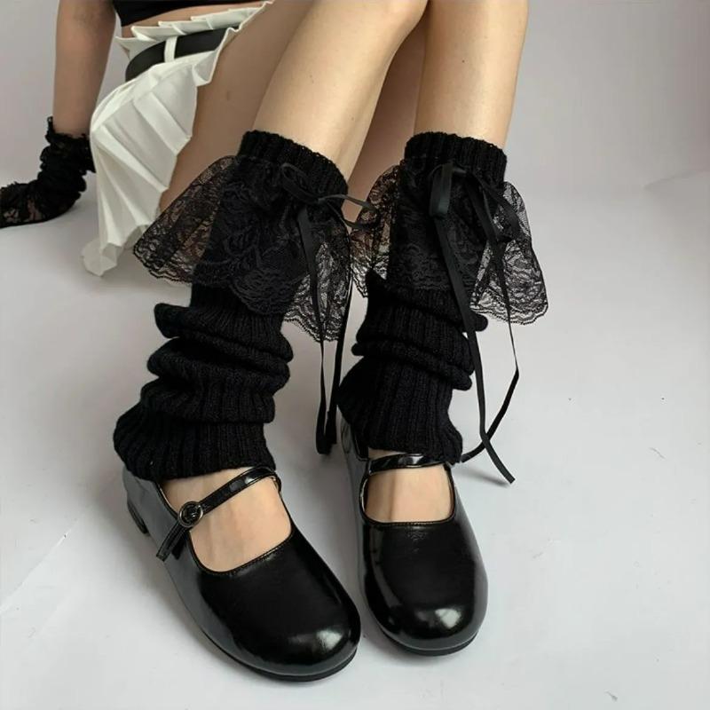 Lace Ribbon Leg Warmers for Women Autumn Winter Korean Japanese Cute Lolita Knee Warmers Socks JK Knitted Girl White Leg Warmers