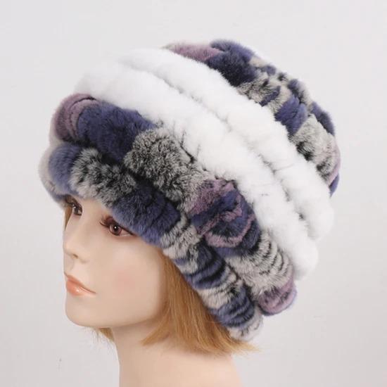 Russia Winter Real Fur Hat Women Knitted Real Rex Rabbit Fur Bomber Hats Lady Natural Warm Genuine Rex Rabbit Fur Cap