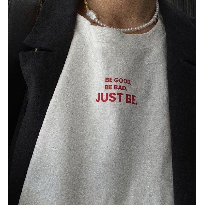 Be Goo Be Bad American Retro Sports Style Cotton Minimalist Inner Wide Loose Shoulder round Neck Short Sleeve T-shirt