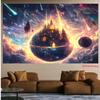 Epic Cosmic Castle Tapestry, Glowing Medieval Palace on a Planet in Vibrant Starry Nebula, Dreamy Fantasy Wall Art