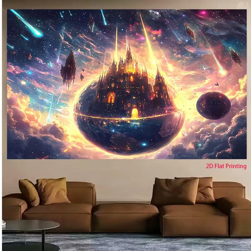 Epic Cosmic Castle Tapestry, Glowing Medieval Palace on a Planet in Vibrant Starry Nebula, Dreamy Fantasy Wall Art