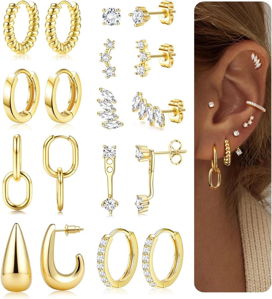 Bobisty  9Pairs 14K Gold Plated Hoop Earring Stacks for Women Stud Hoop Earrings Stainless Steel Cartilage Earring Sets Piercing