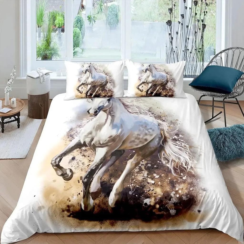 White Horse Duvet Cover Set Queen Size 3D Steed Print Bedding Sets Wildlife Comforter Cover Animals Bedspread Cover Quilt