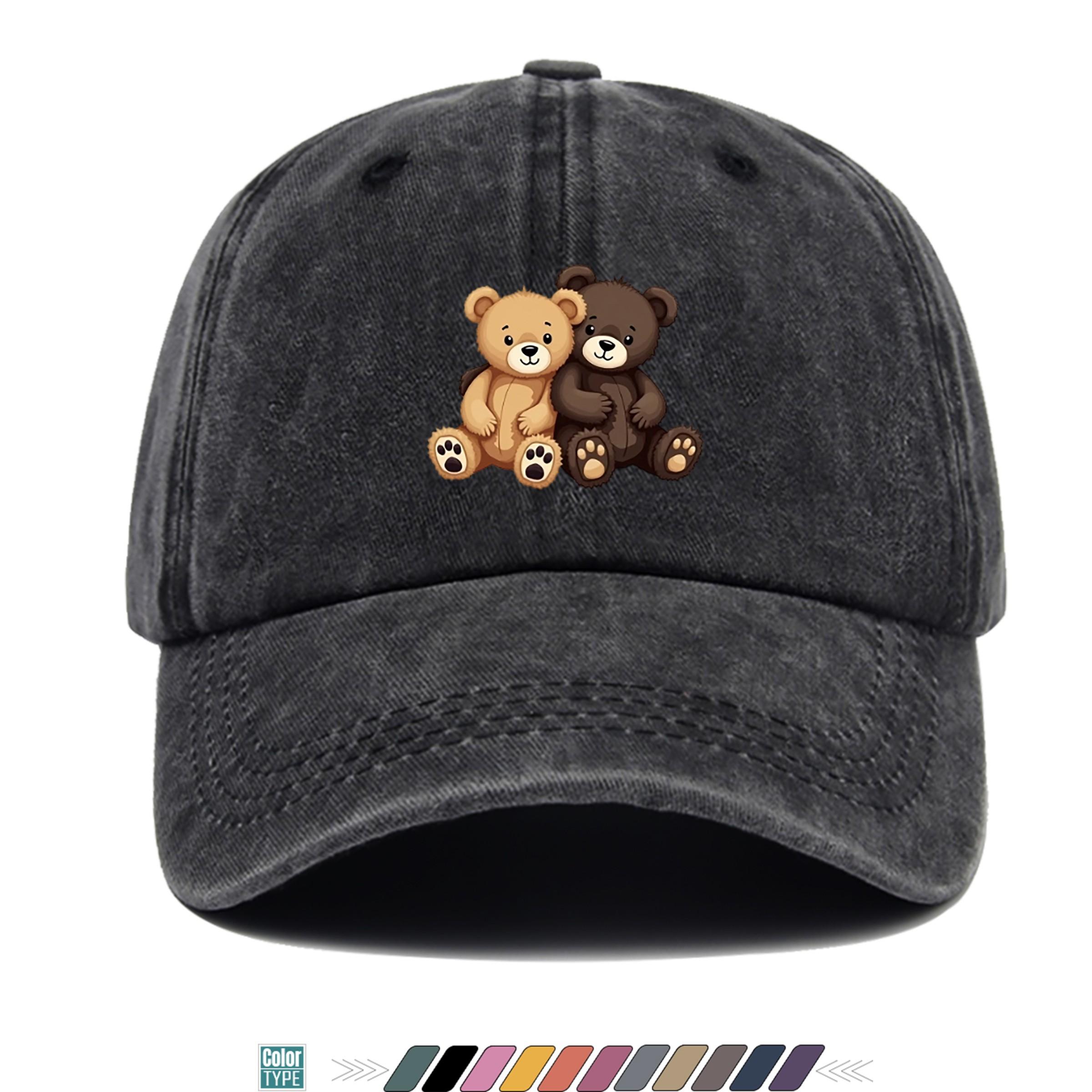 Bear Couple Graphic Washed Denim Baseball Cap Adjustable Outdoor Dad Hat One Size