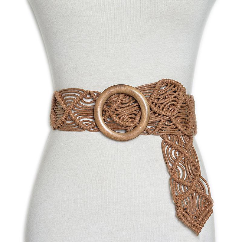Vintage Breite Böhmische Gürtel Für Frauen Runde Holz Schnalle Geflochtenes Seil Gürtel Weiblich Lässig Häkeln Boho Kleid Taillenband