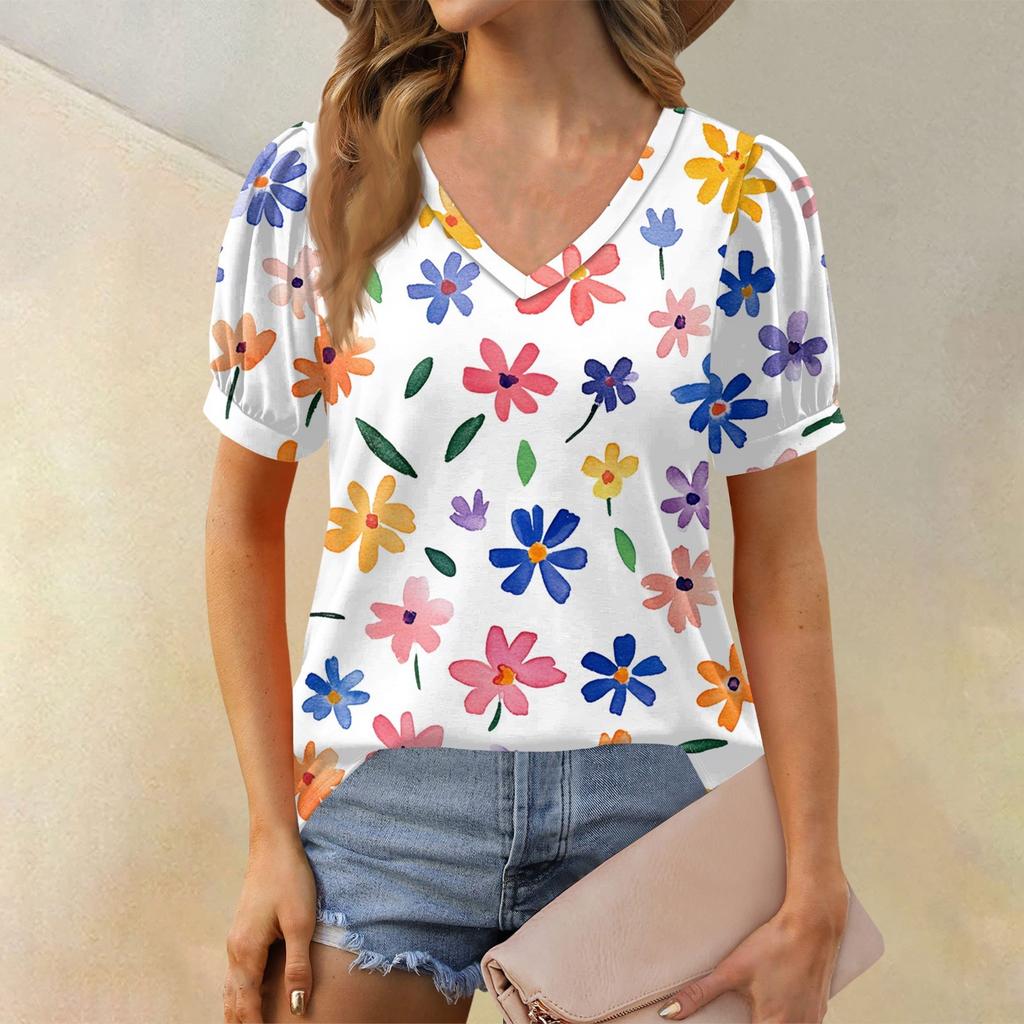 Dámská móda Květinový potisk Top Krátký balónkový rukáv Výstřih do V Volné ležérní tričko