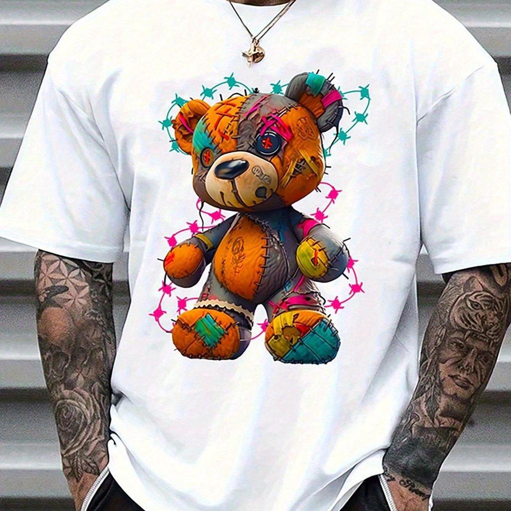 Men's Summer 100 Cotton Fashionable Casual Sports Loose Large Cartoon Teddy Bear Pattern Printed Round Neck Short Sleeve T-shirt