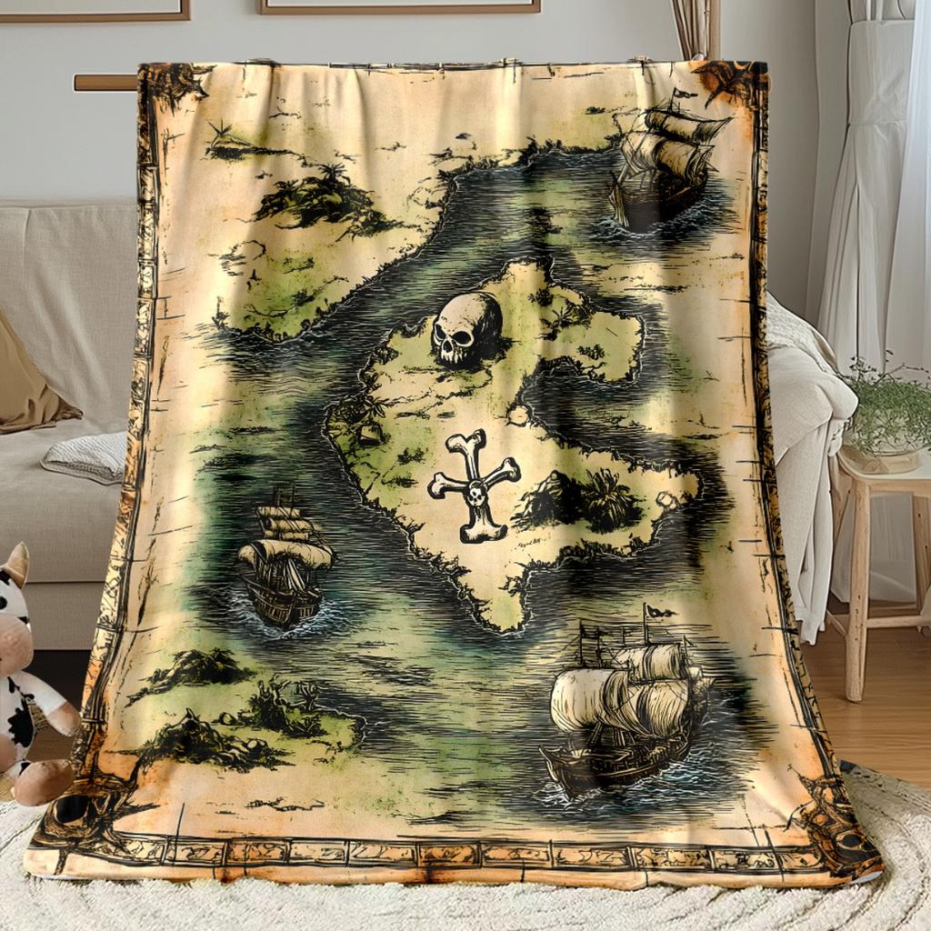 Pirate Treasure Map With Skull And Crossbones Ships Vintage Style Fleece Blanket Adventure Theme Decor Soft Flannel ThrowForBoys