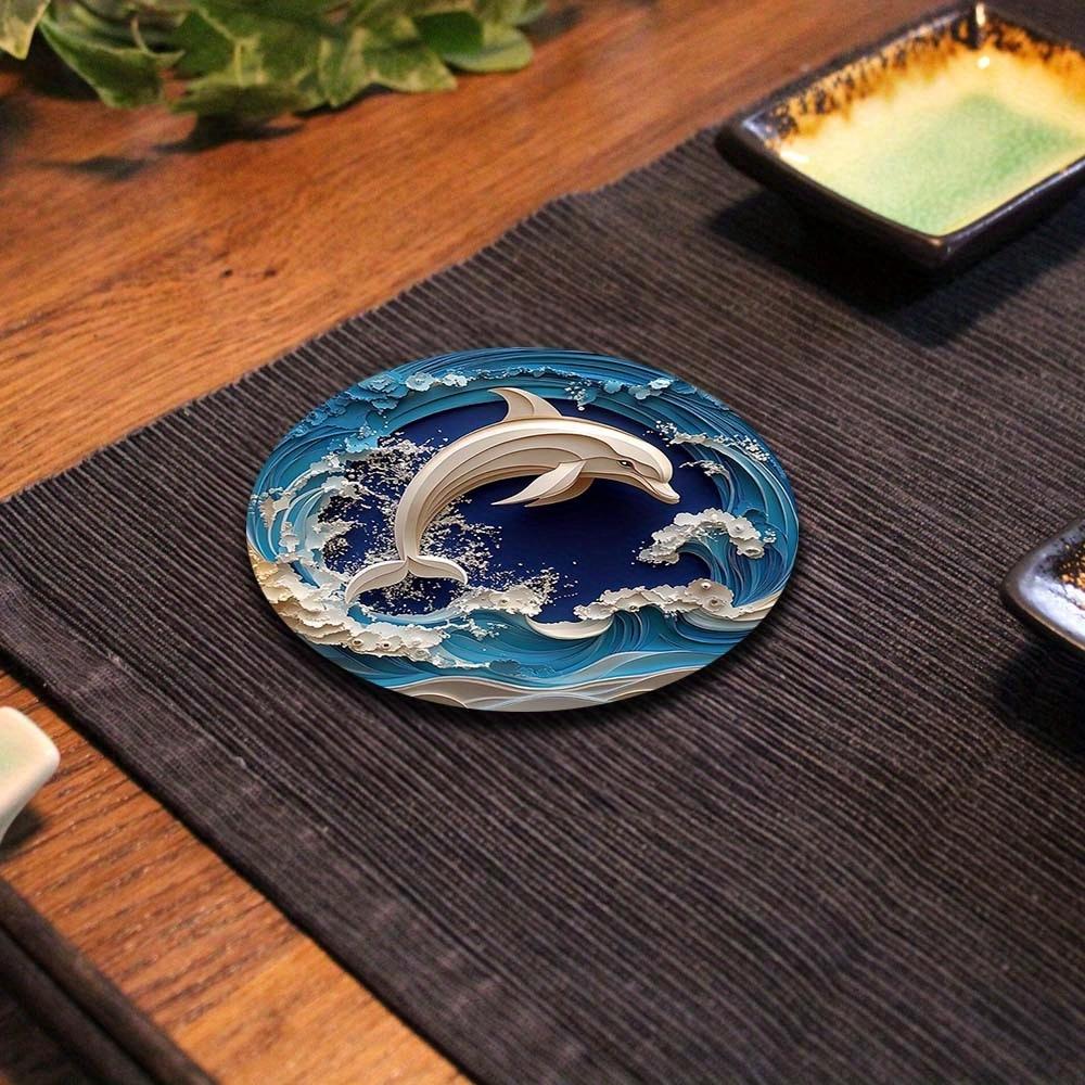 6 Pieces 2D Wooden Coasters Dolphin Pattern Theme Desktop Insulation Mats Home Decor Coffee Mug Coasters For Office Restaurant