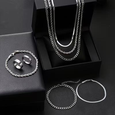 Stainless Steel Necklace Bracelet Flat Plain Ring Light Luxury Minimalist Style Titanium Steel Jewelry Set Wholesale