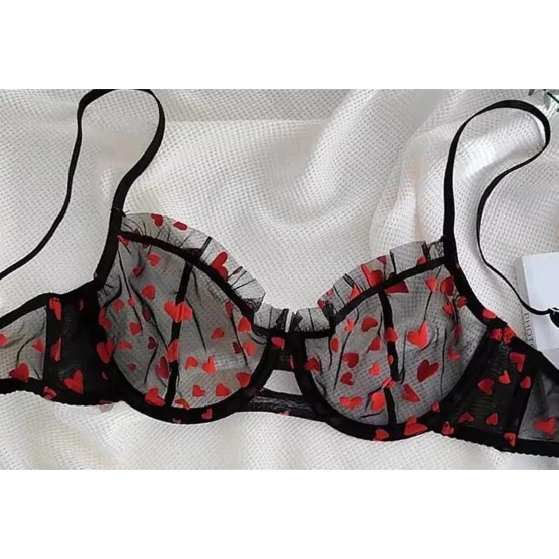 French Heart Print Transparent Lingerie Set Ultra Thin Underwire Bra Lace Sexy Push Up Gathering Small Breast Boost Hot Selling